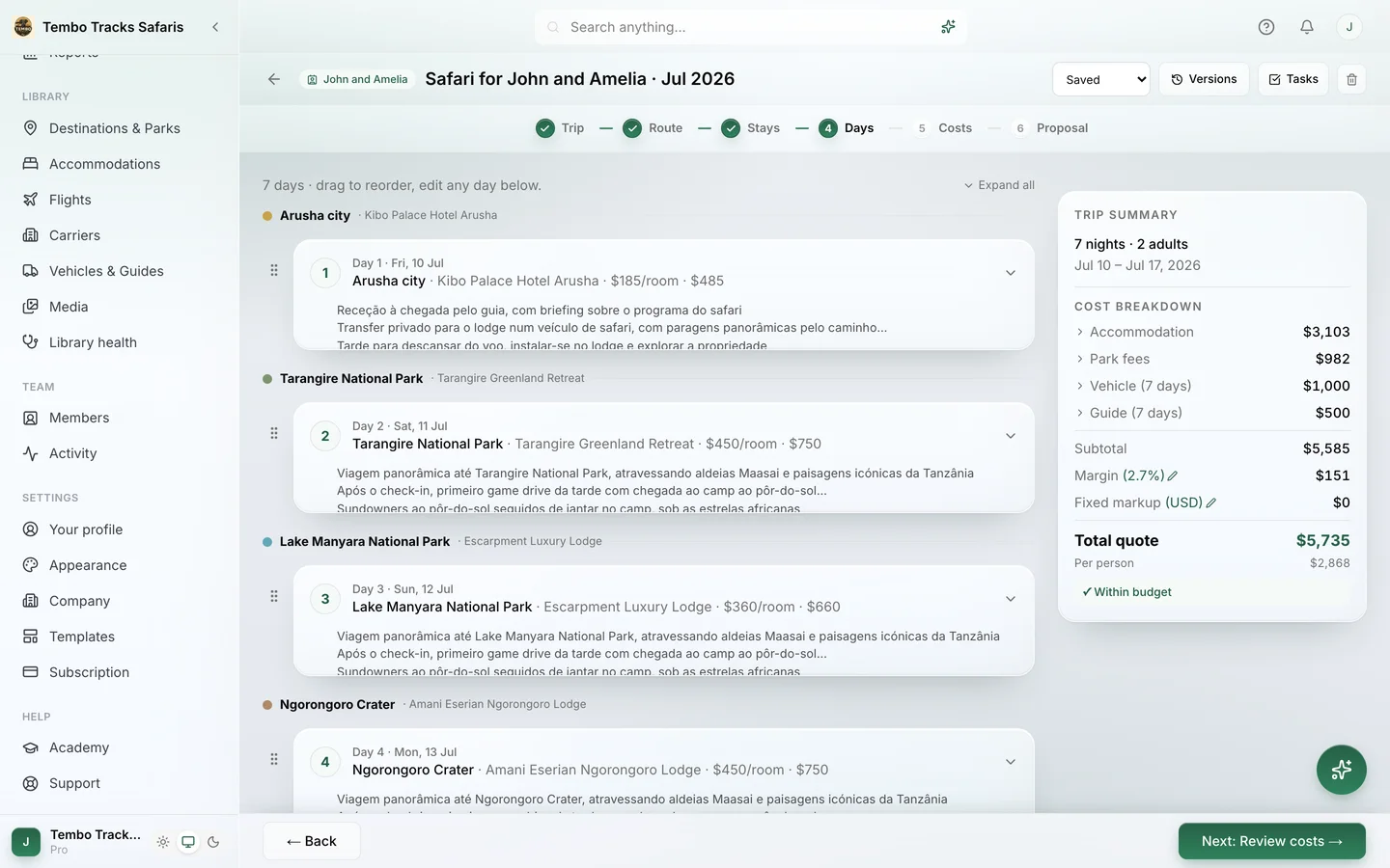 The itinerary builder's Days step, with parks, drive times and a flight in the day-by-day planner