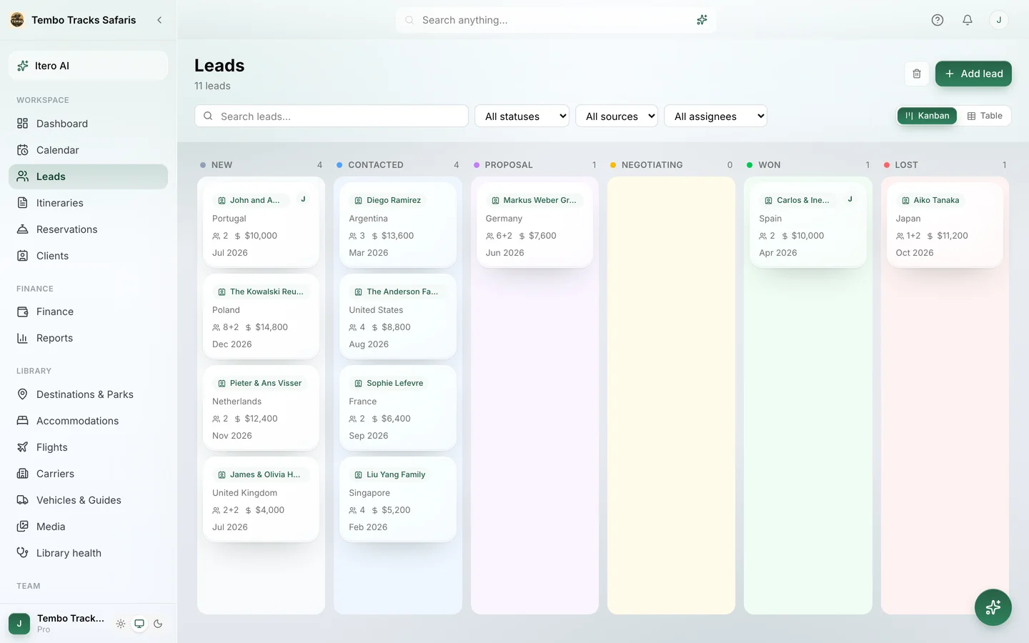 The leads Kanban pipeline with its six stages, from new enquiry to won